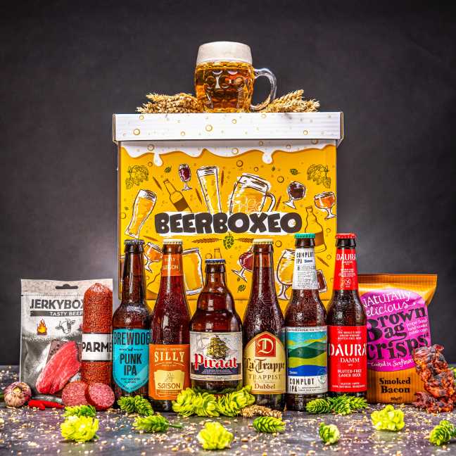 Beerboxeo - Geschenkverpackung voller Bierspezialitäten EXCLUSIVE und Fleisch
