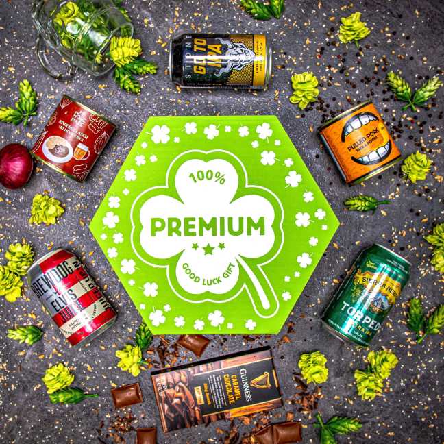 Surpriseboxeo-Geschenkset Vierblatt voller Bierspezialitäten