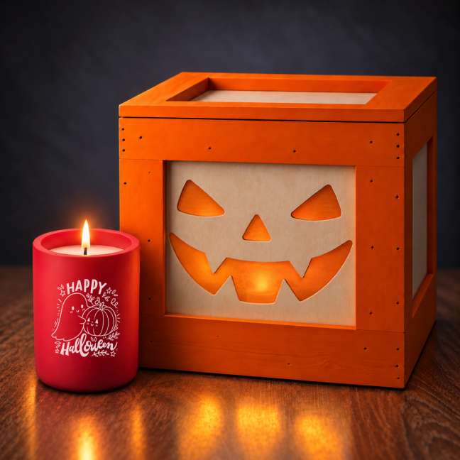 Leere Halloween-Box + Duftkerze aus Zement in einer Schachtel 300 g
