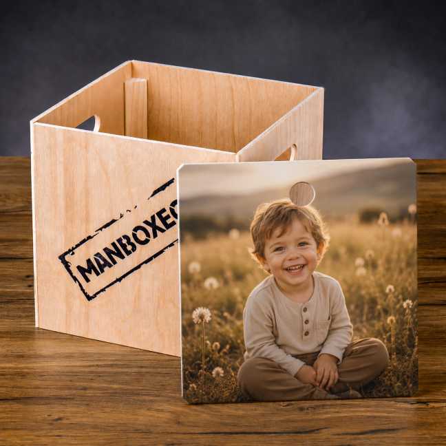 Kleine leere Holzkiste mit Foto
