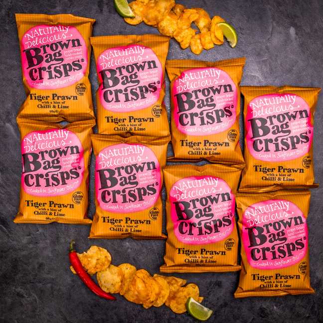 20× Knusprige, handgemachte Brown Bag Crisps mit Shrimps und Limette 40 g