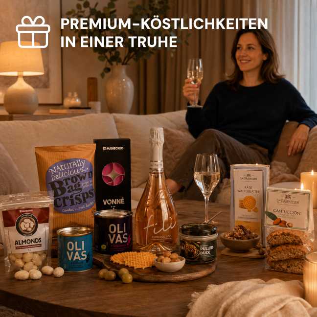 Truhe mit Prosecco + Schloss, Säge, Chiff