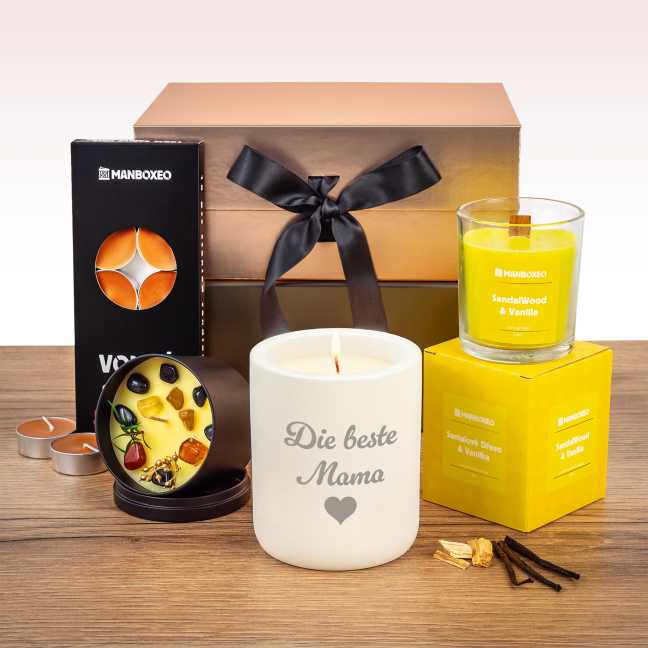 Geschenkbox für Mama voller Kerzen – Vanille + Gravur