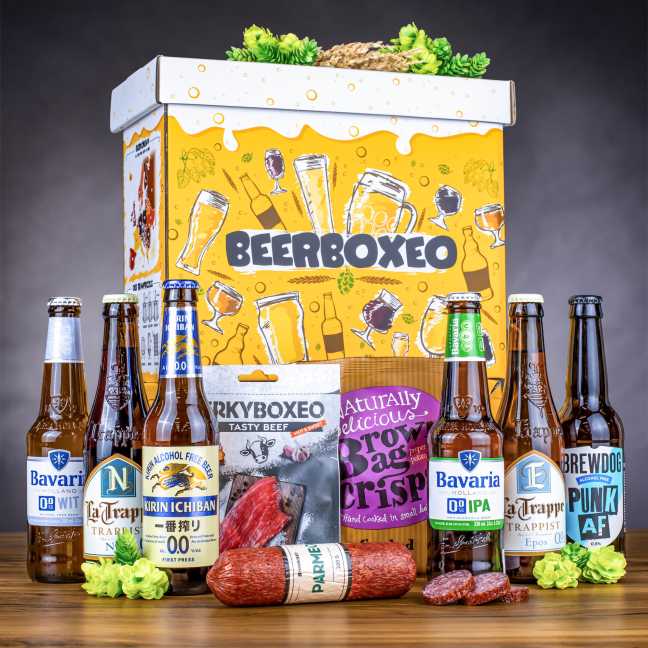 Beerboxeo - Geschenkverpackung voller  alkoholfreien Bierspezialitäten und Fleisch 